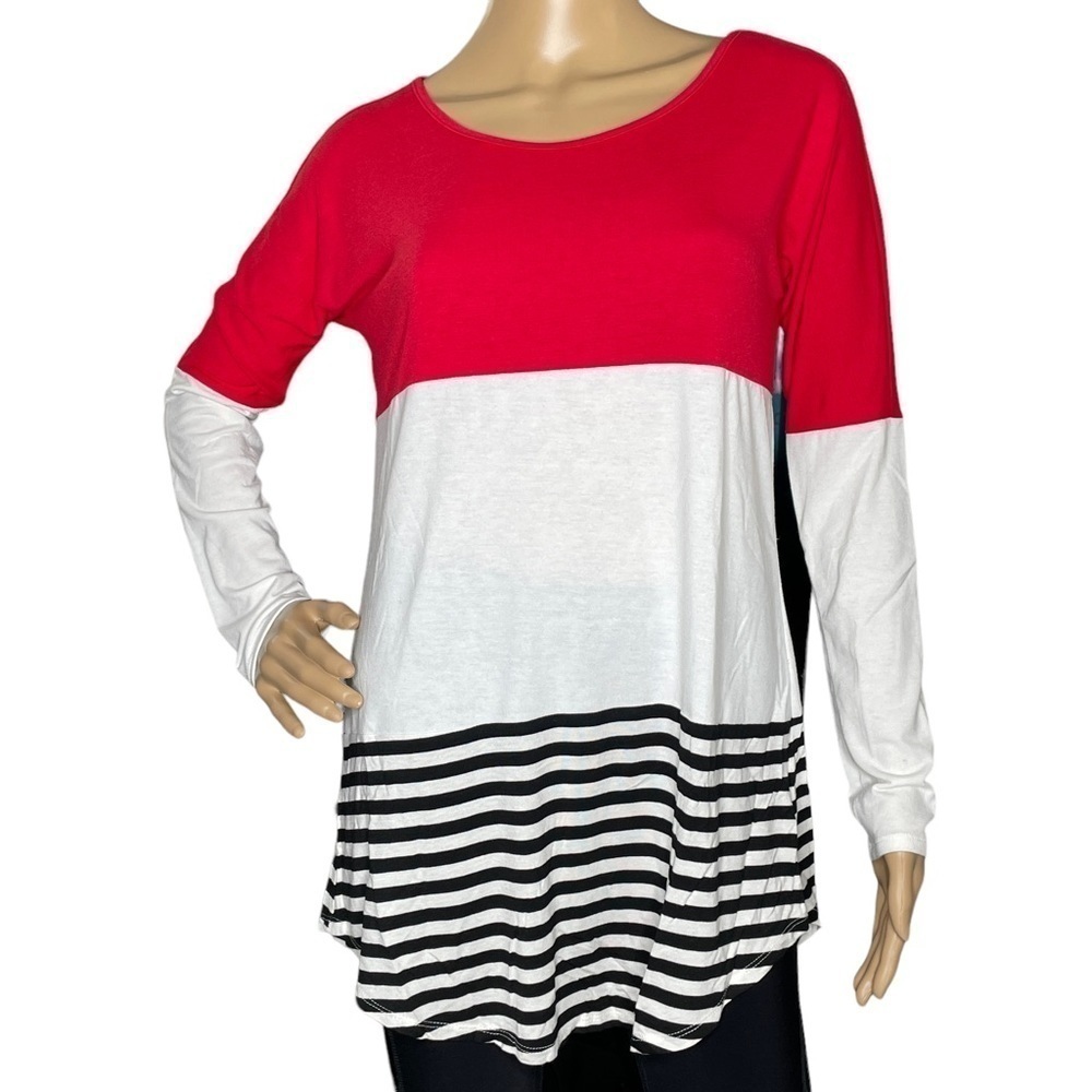 Zenana Premium red white and black stripes long sleeve top, small